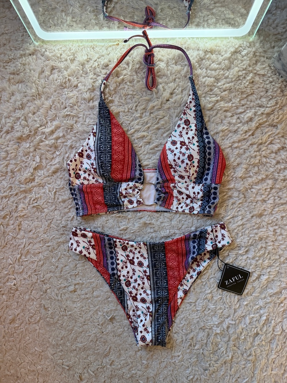 Zaful Red Navy White Striped Bandana Print Bikini